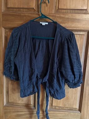 American Eagle Outfitters Navy Tie-Front Peasant Blouse